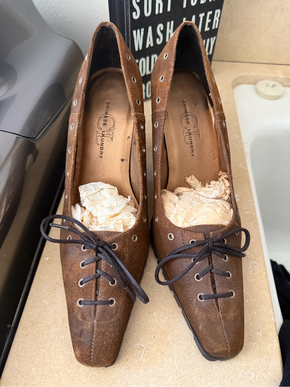 Chinese Laundry Brown Suede Lace-Up Flats with Eyelet Details